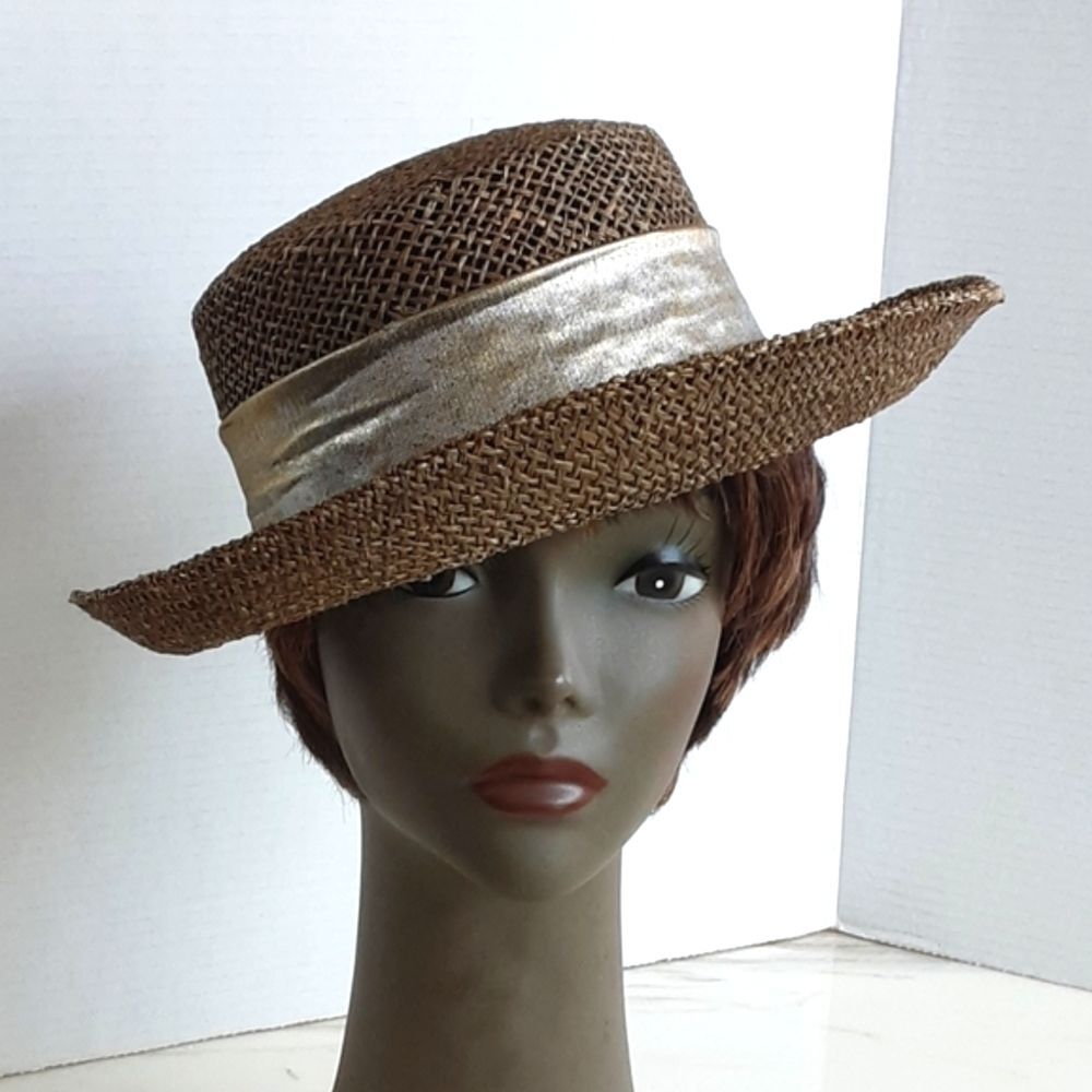 Taupe Open Weave Natural Rolled Straw Satin Gray Band Bow Sun Hat